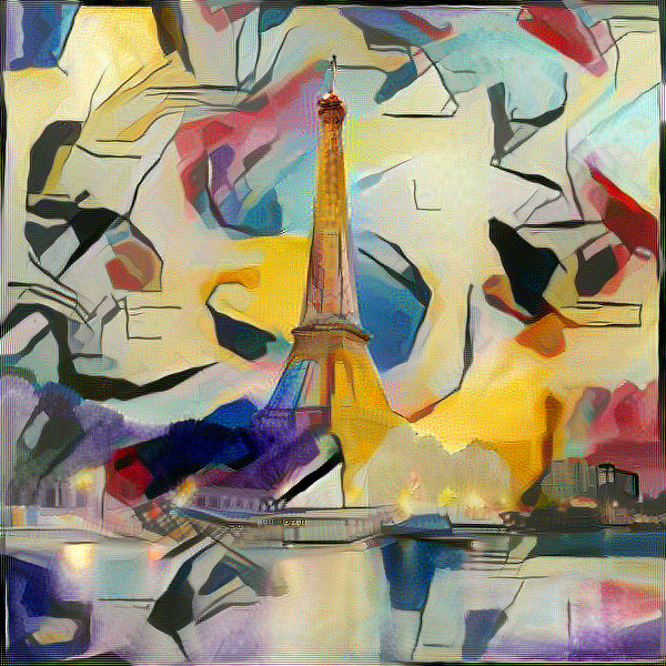 Eiffel tower picture using the style from 'Gelb-Rot-Blau' by Vassily Kandinsky